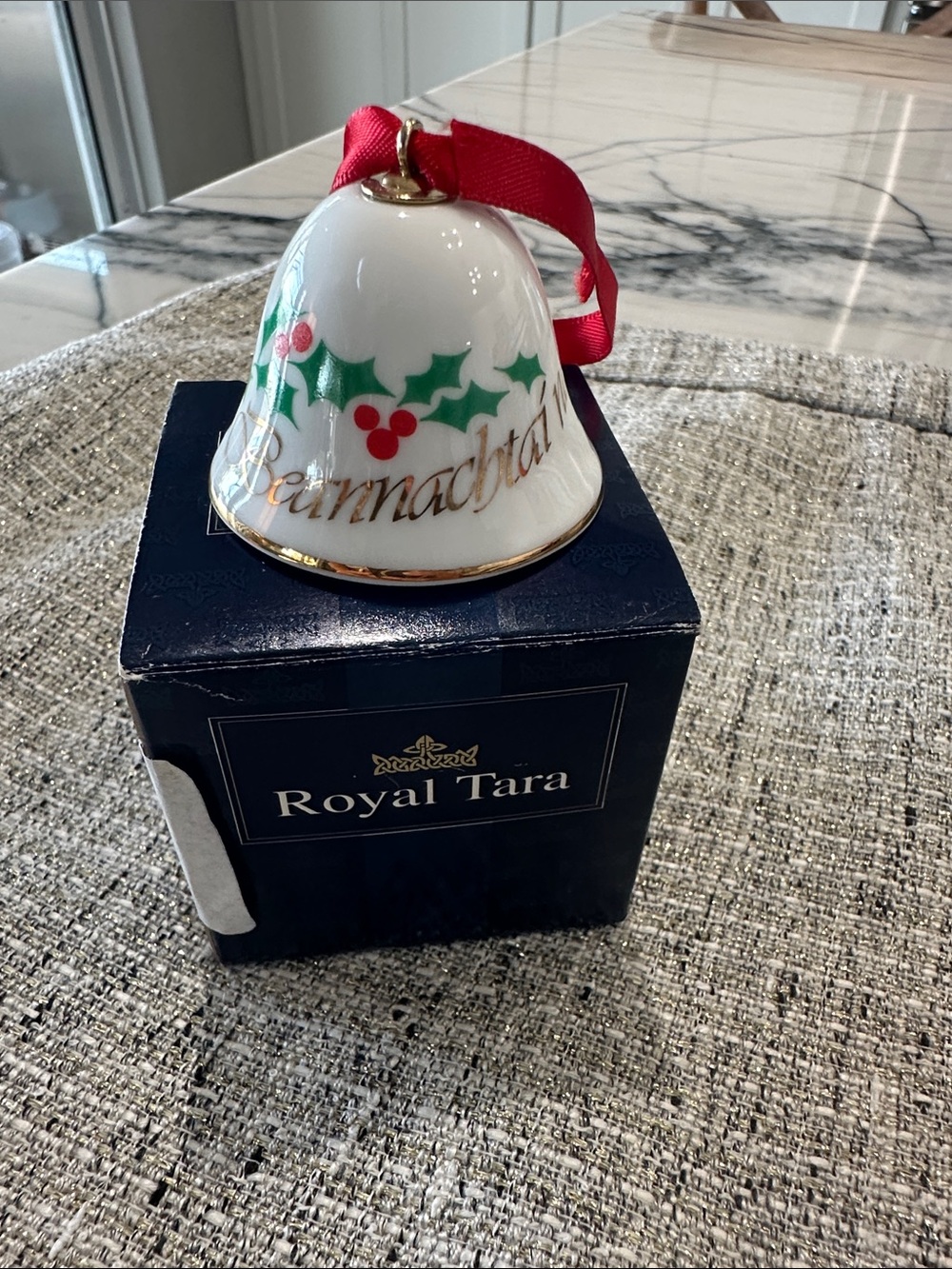 VTG Gaelic Christmas Nollaig Shona Bell Ornament Bone China Holly Berry w/box